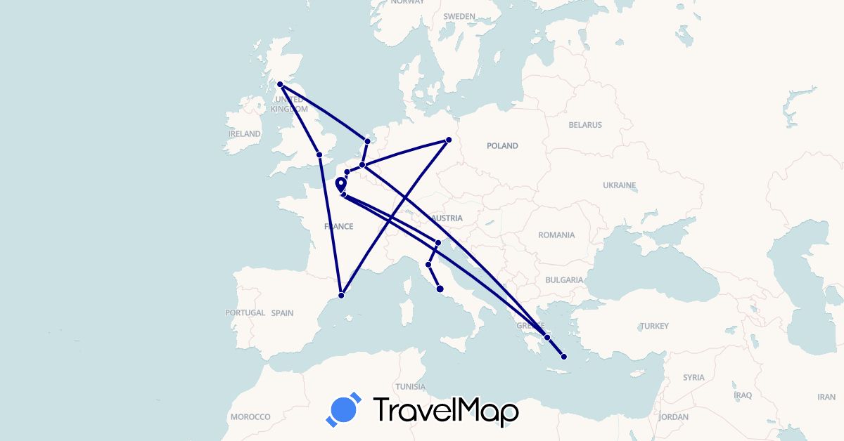 TravelMap itinerary: driving in Belgium, Germany, Spain, France, United Kingdom, Greece, Italy, Netherlands (Europe)